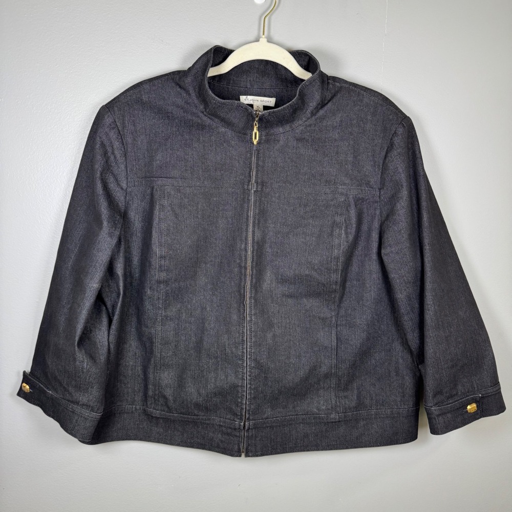 St John Sport Womens XL Black Denim Full Zip Mock Neck Jacket 3/4 Sleeve Stretch